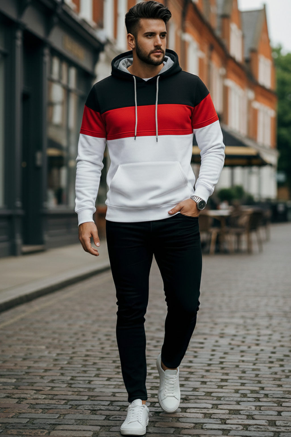 Bluza z Trójkolorowym Panelem | Adrian – Czarny / Czerwony / Biały