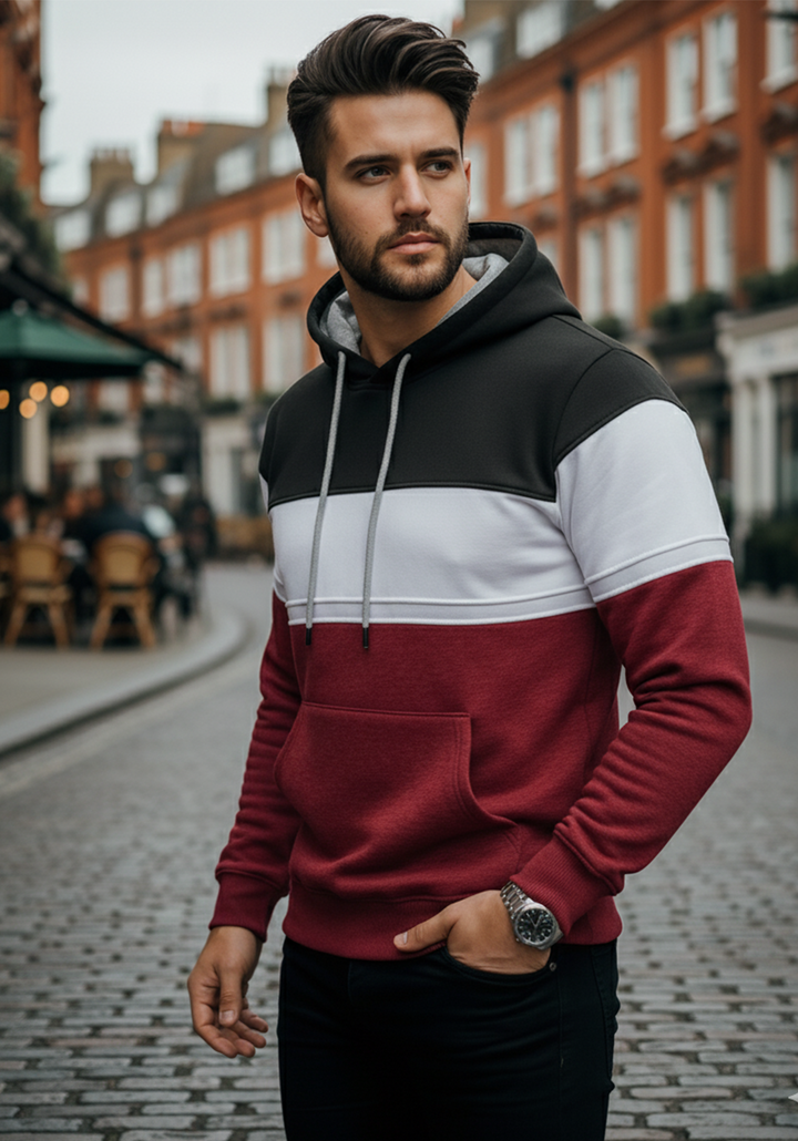 Bluza z Trójkolorowym Panelem | Damian – Czarny / Biały / Bordowy