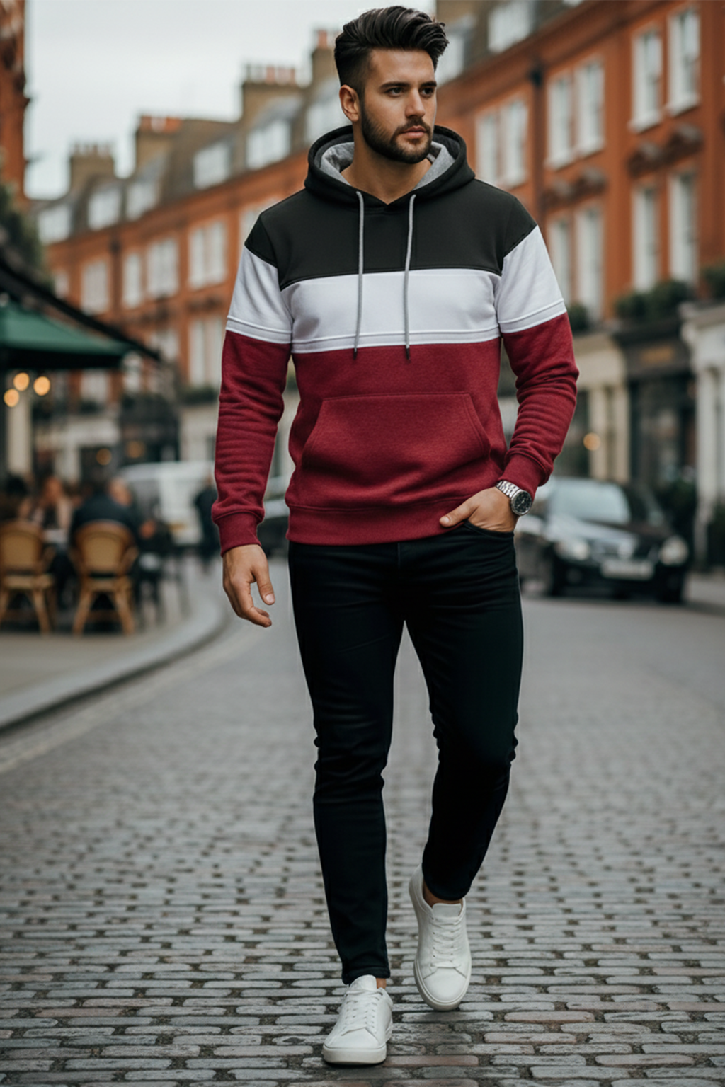 Bluza z Trójkolorowym Panelem | Damian – Czarny / Biały / Bordowy