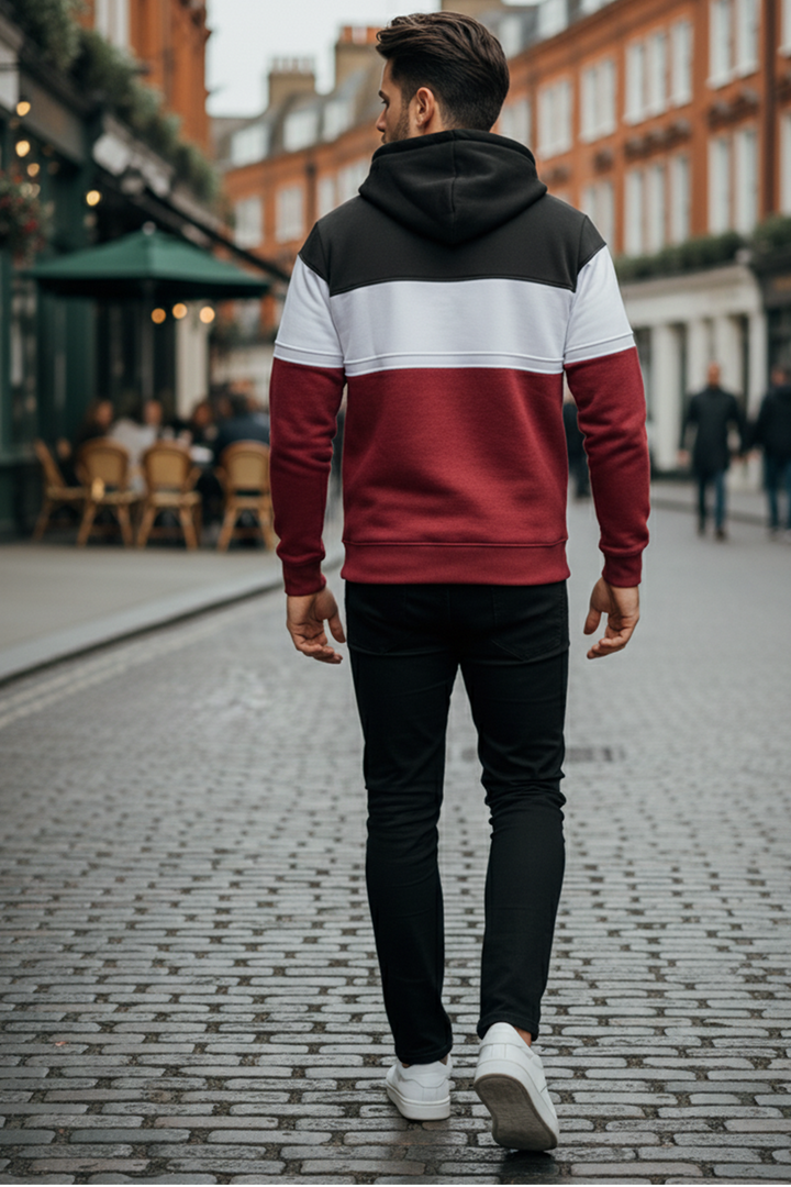 Bluza z Trójkolorowym Panelem | Damian – Czarny / Biały / Bordowy