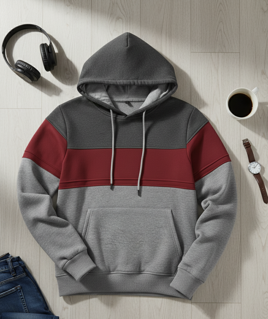 Bluza z Trójkolorowym Panelem | Fabian – Ciemnoszary / Bordowy / Jasnoszary