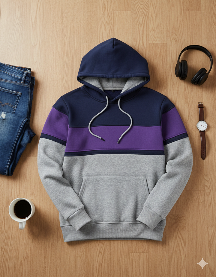 Bluza z Trójkolorowym Panelem | Leon – Granatowy / Fioletowy / Jasnoszary