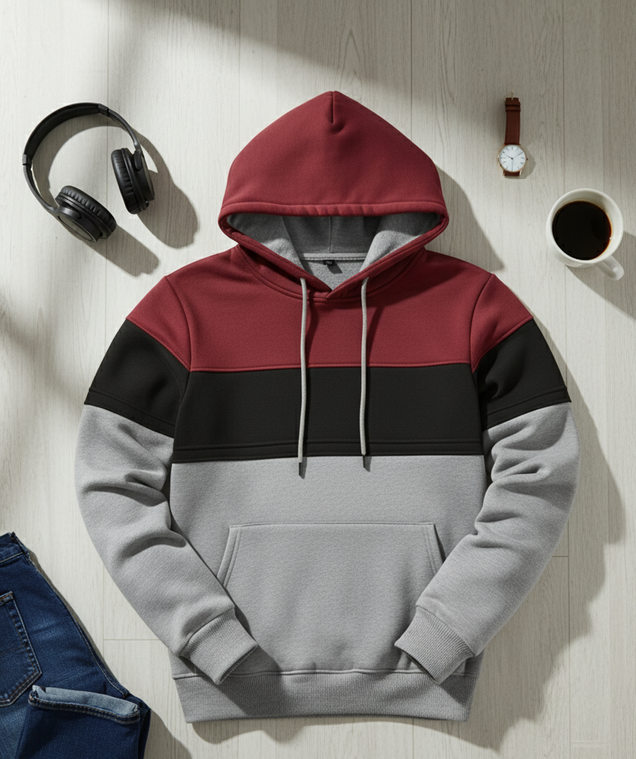 Bluza z Trójkolorowym Panelem | Patryk – Burgundowy / Czarny / Jasnoszary