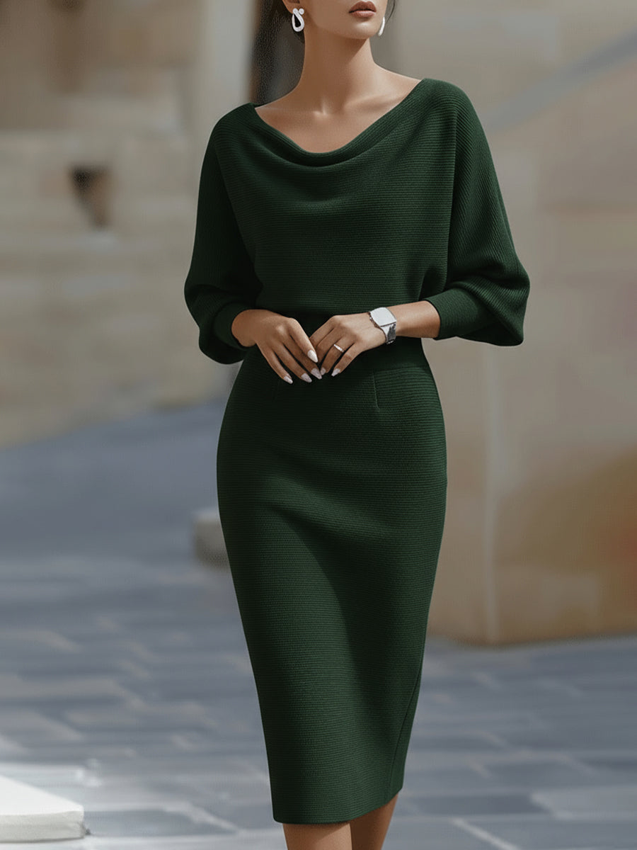 Damska Sukienka Midi Bodycon | Okrągły Dekolt Luźny Rękaw