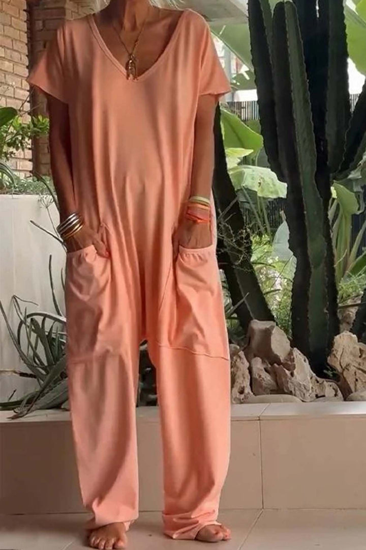 Damski lniany kombinezon | oversized krótki rękaw dekolt v szerokie nogawki