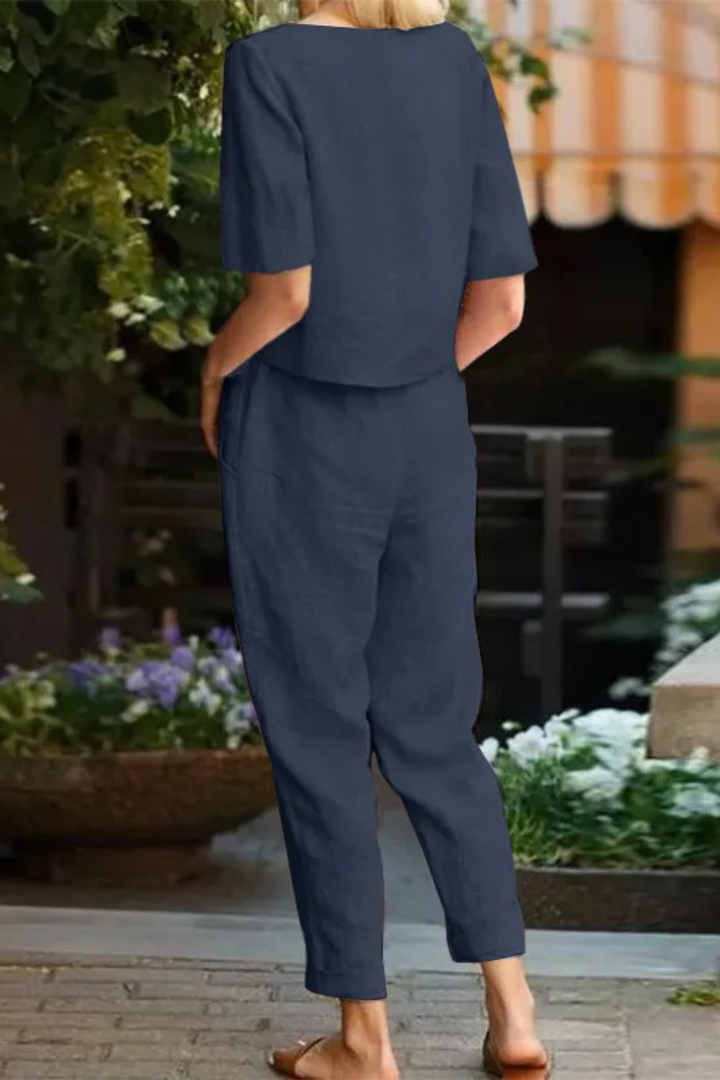 Damski Lniany Komplet Crop Top Z Krótkim Rękawem I Spodnie