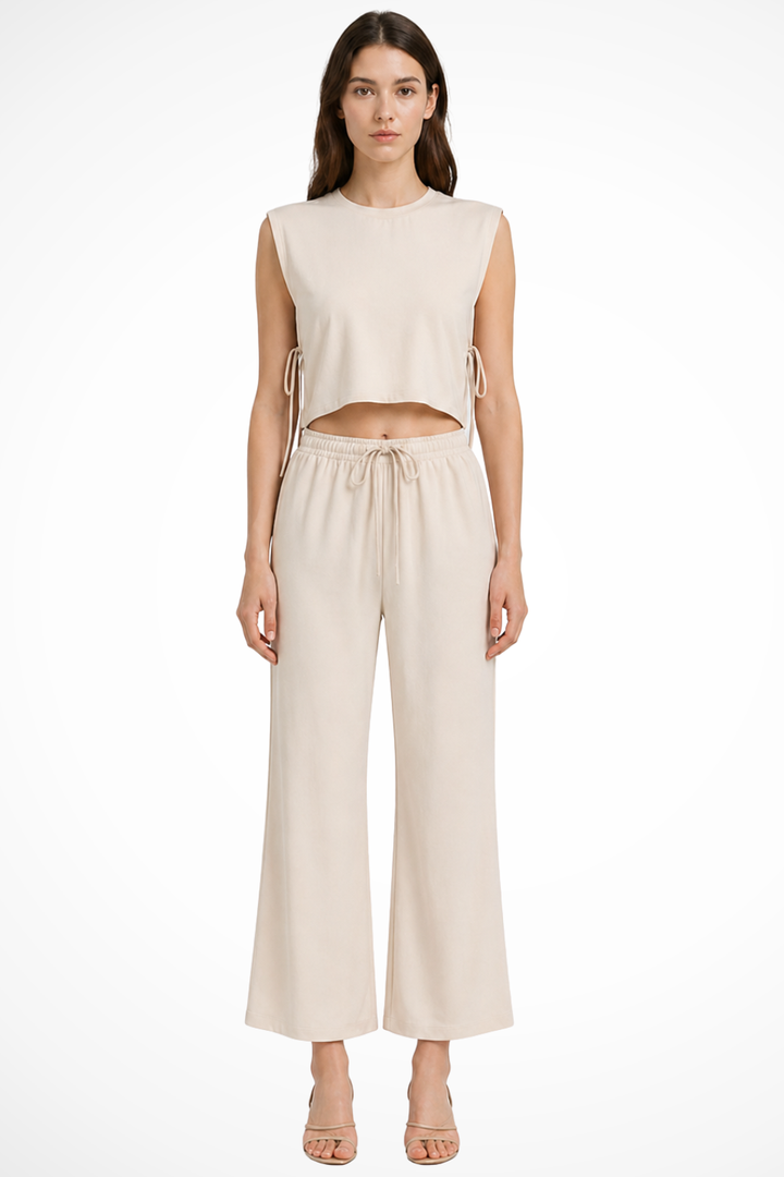 Damski Lniany Komplet Crop Top Bez Rękawów I Szerokie Spodnie