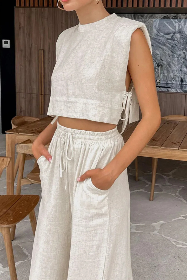 Damski Lniany Komplet Crop Top Bez Rękawów I Szerokie Spodnie