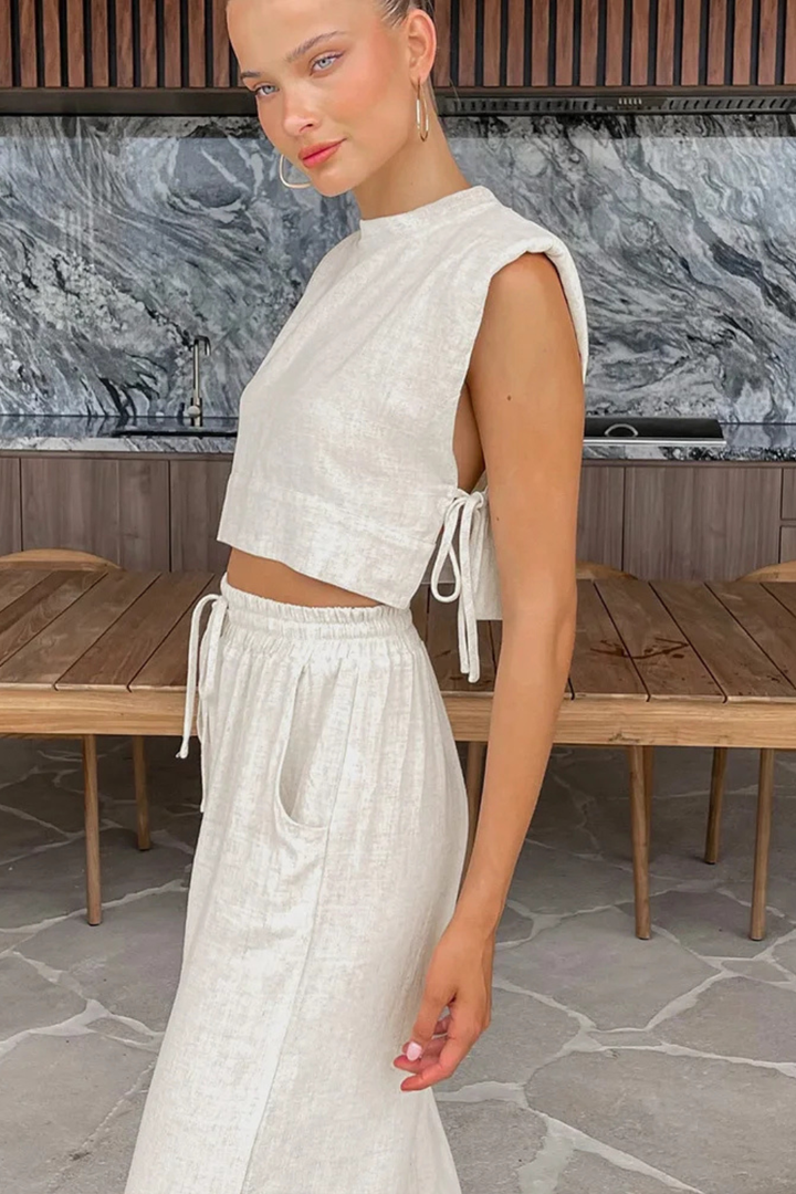Damski Lniany Komplet Crop Top Bez Rękawów I Szerokie Spodnie