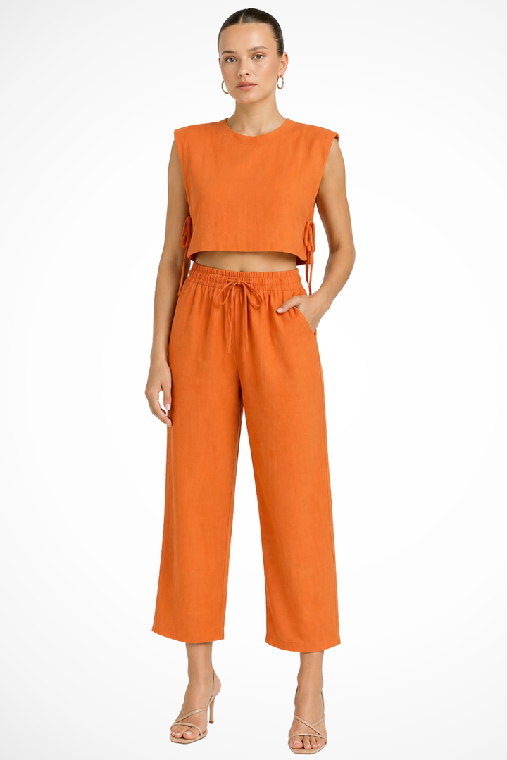 Damski Lniany Komplet Crop Top Bez Rękawów I Szerokie Spodnie