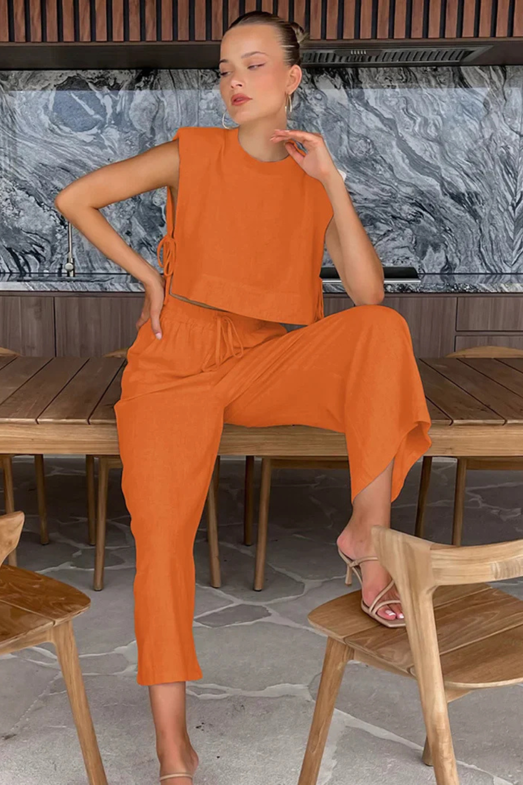 Damski Lniany Komplet Crop Top Bez Rękawów I Szerokie Spodnie