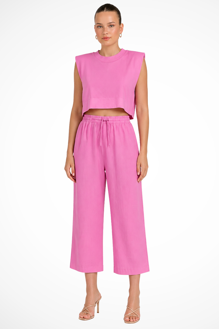 Damski Lniany Komplet Crop Top Bez Rękawów I Szerokie Spodnie