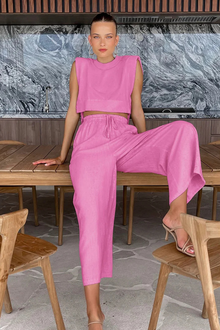 Damski Lniany Komplet Crop Top Bez Rękawów I Szerokie Spodnie