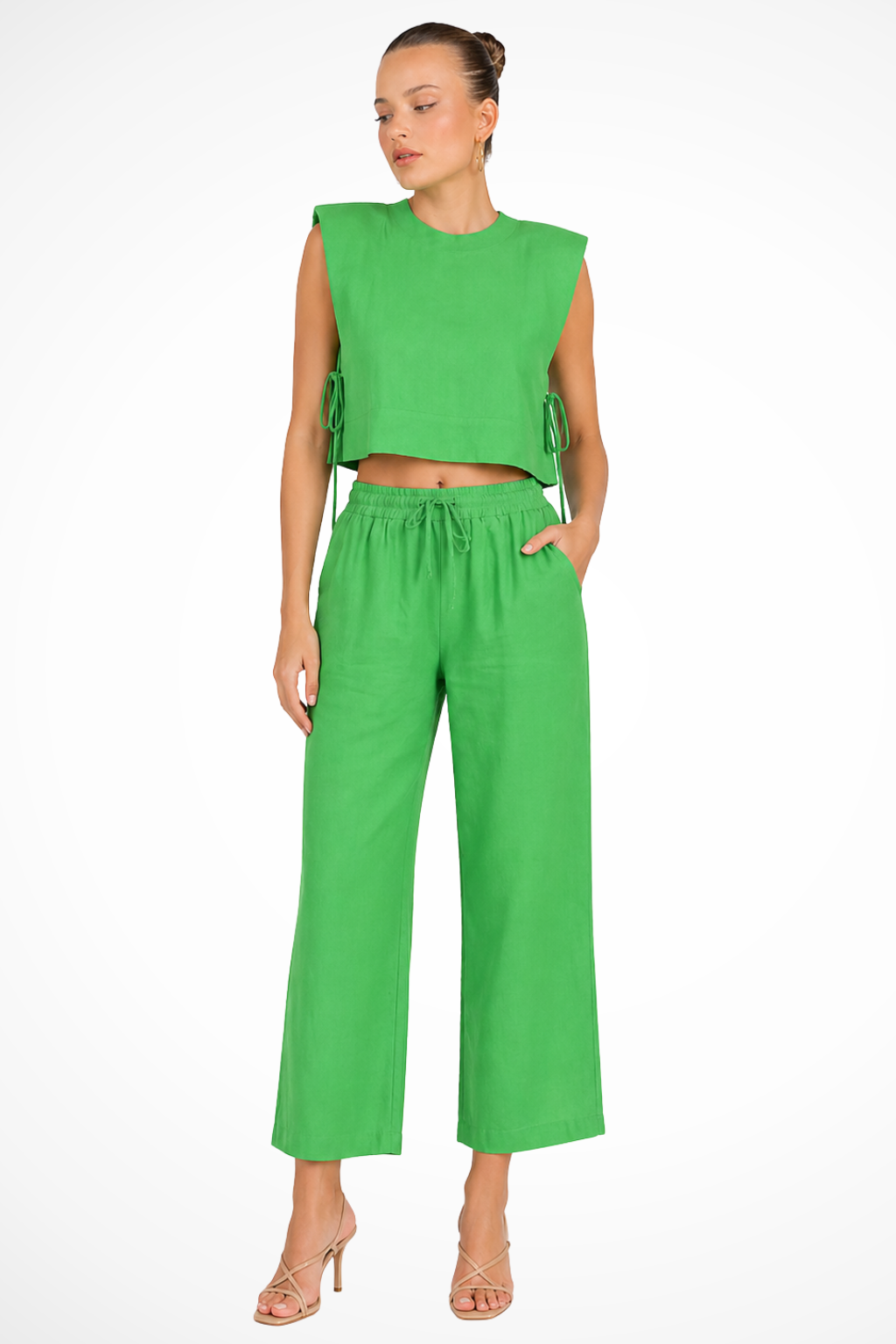 Damski Lniany Komplet Crop Top Bez Rękawów I Szerokie Spodnie