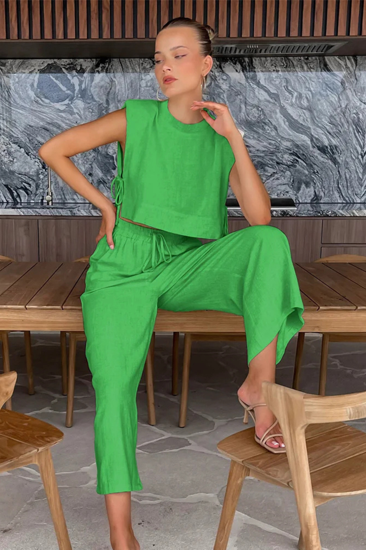 Damski Lniany Komplet Crop Top Bez Rękawów I Szerokie Spodnie