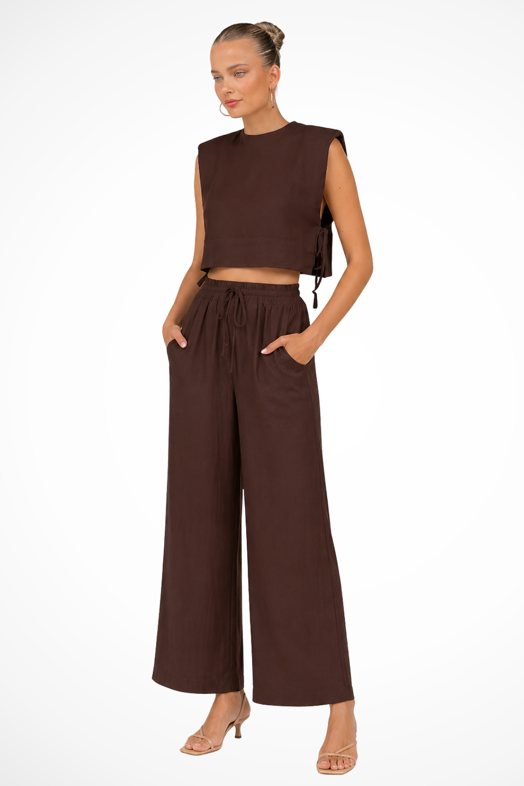 Damski Lniany Komplet Crop Top Bez Rękawów I Szerokie Spodnie