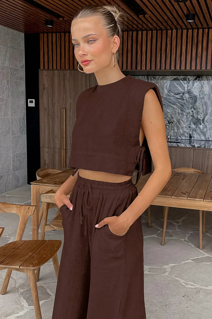 Damski Lniany Komplet Crop Top Bez Rękawów I Szerokie Spodnie