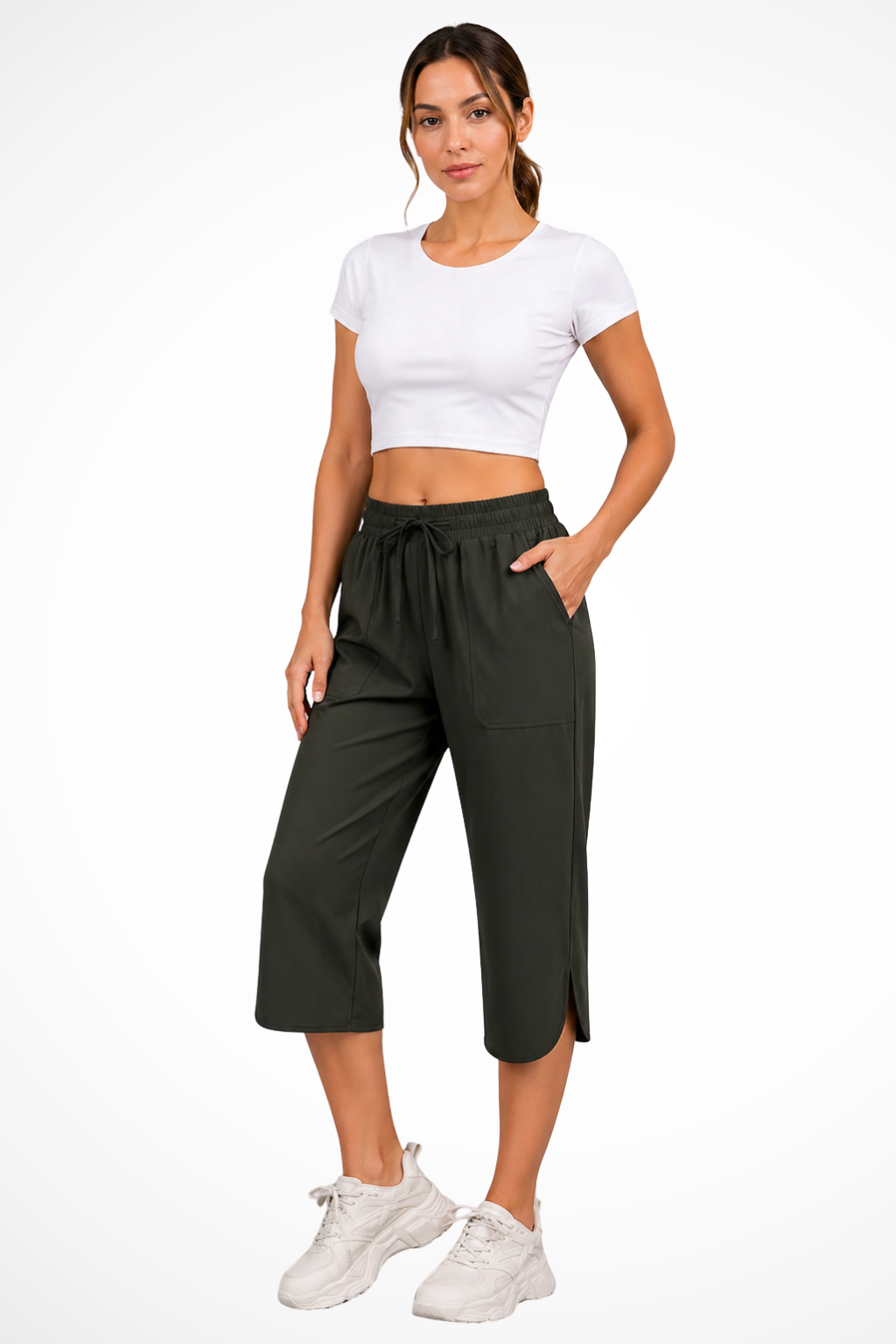 Damskie Szerokie Spodnie Cropped Z Elastyczną Talią