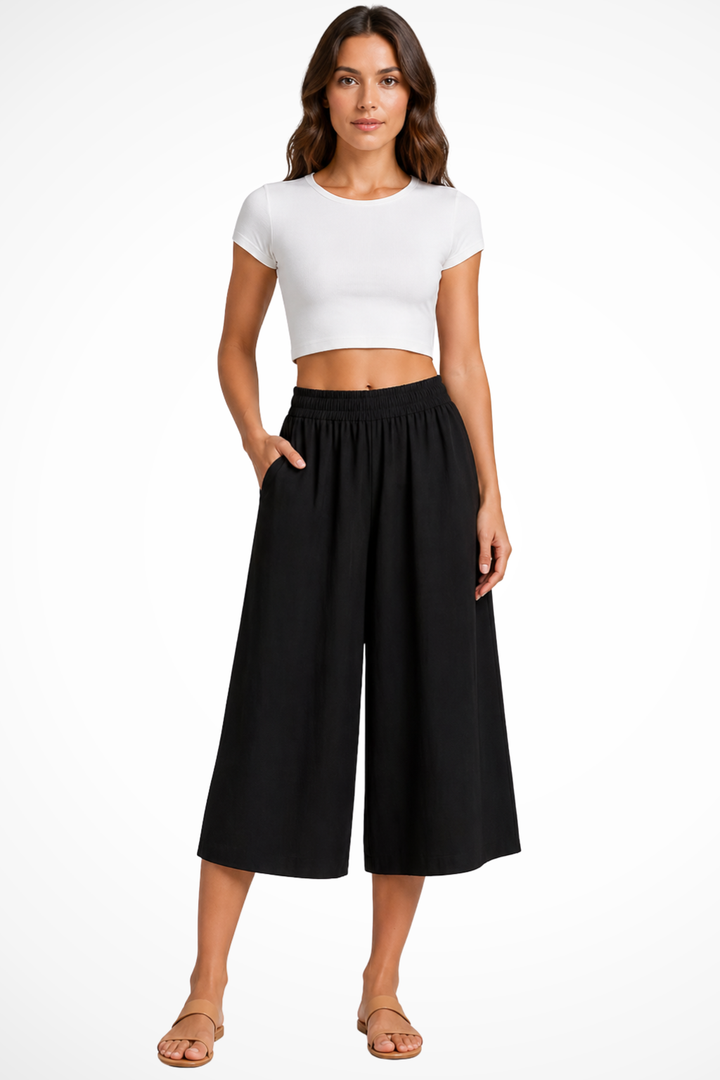 Damskie Szerokie Spodnie Cropped Wysokie Waist Z Kieszeniami Elastyczny Pas