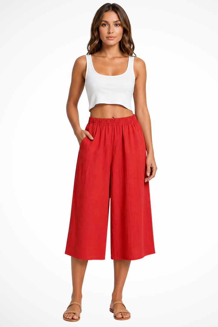 Damskie Szerokie Spodnie Cropped Wysokie Waist Z Kieszeniami Elastyczny Pas