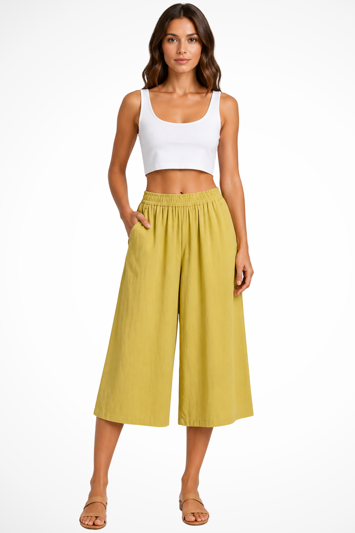 Damskie Szerokie Spodnie Cropped Wysokie Waist Z Kieszeniami Elastyczny Pas