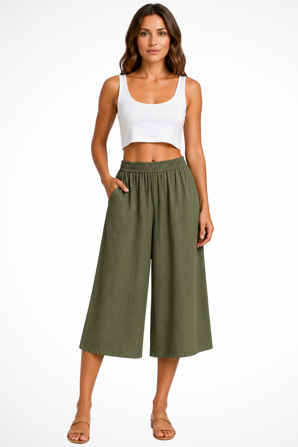 Damskie Szerokie Spodnie Cropped Wysokie Waist Z Kieszeniami Elastyczny Pas