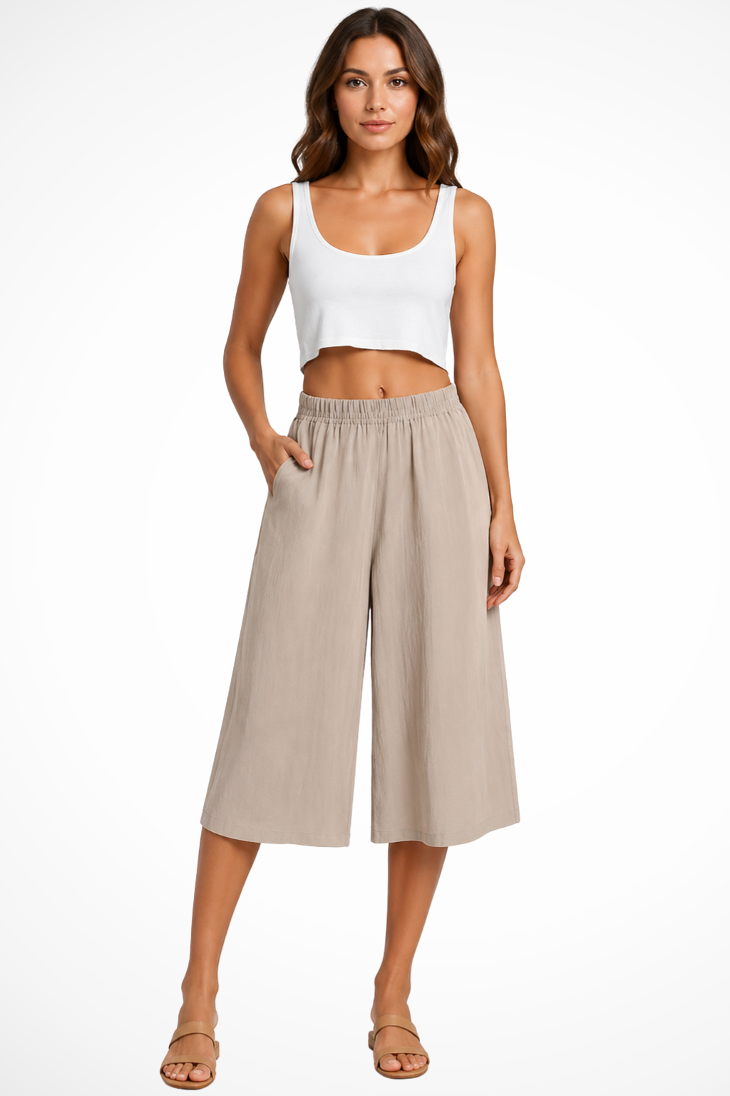 Damskie Szerokie Spodnie Cropped Wysokie Waist Z Kieszeniami Elastyczny Pas