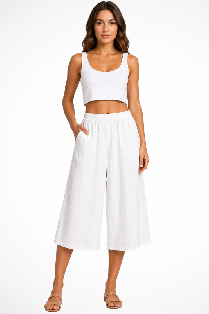 Damskie Szerokie Spodnie Cropped Wysokie Waist Z Kieszeniami Elastyczny Pas