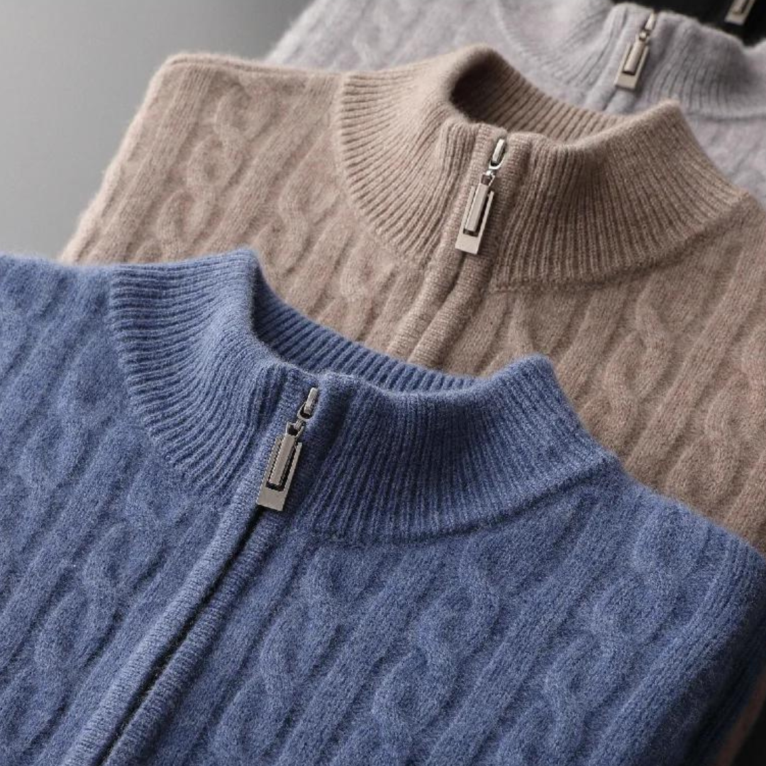 Męski sweter dzianinowy | Splot warkoczowy krótki zamek stójka