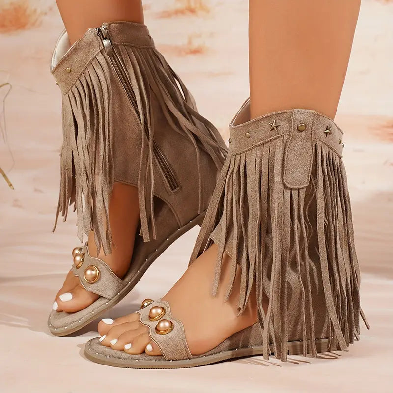 Sandały damskie z frędzlami | pasek wokół kostki styl boho