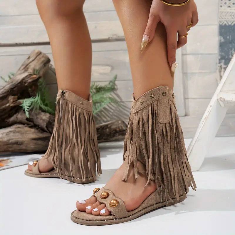 Sandały damskie z frędzlami | pasek wokół kostki styl boho